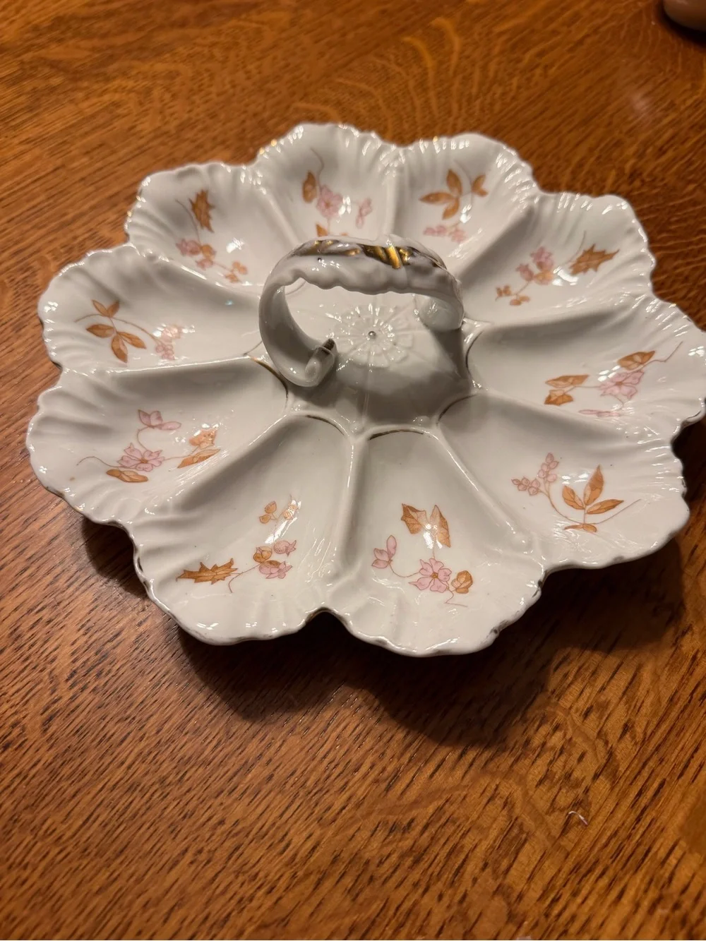 Antique AK Limoges Porcelain 9 Well Oyster Plate Central Handle Floral Gold Gilt